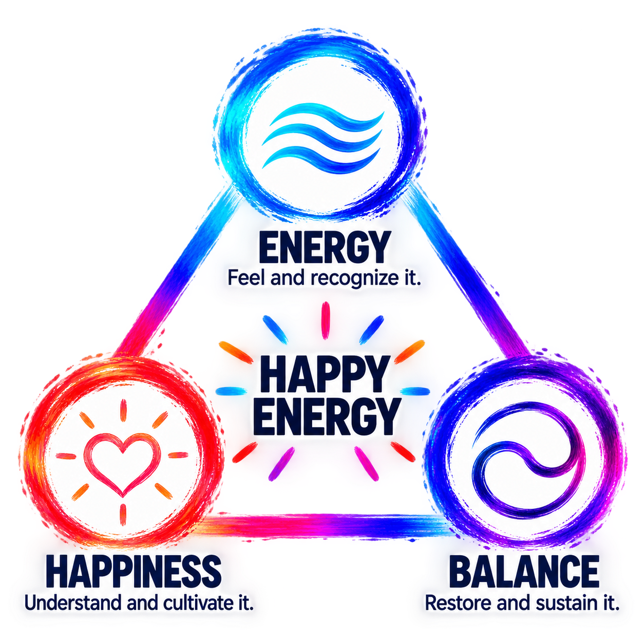 Energy, Happiness, and Balance triangle with Happy Energy at its center